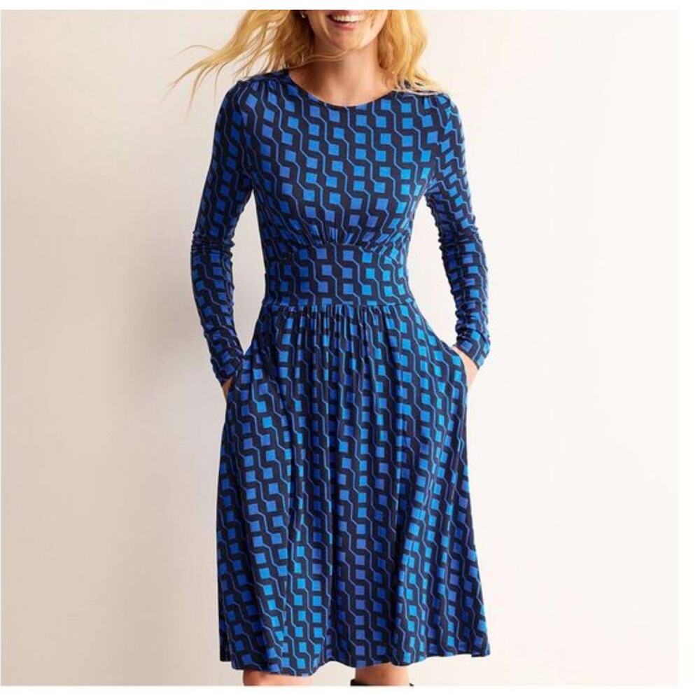 Boden Thea Blue Geometric Midi Dress US 10
